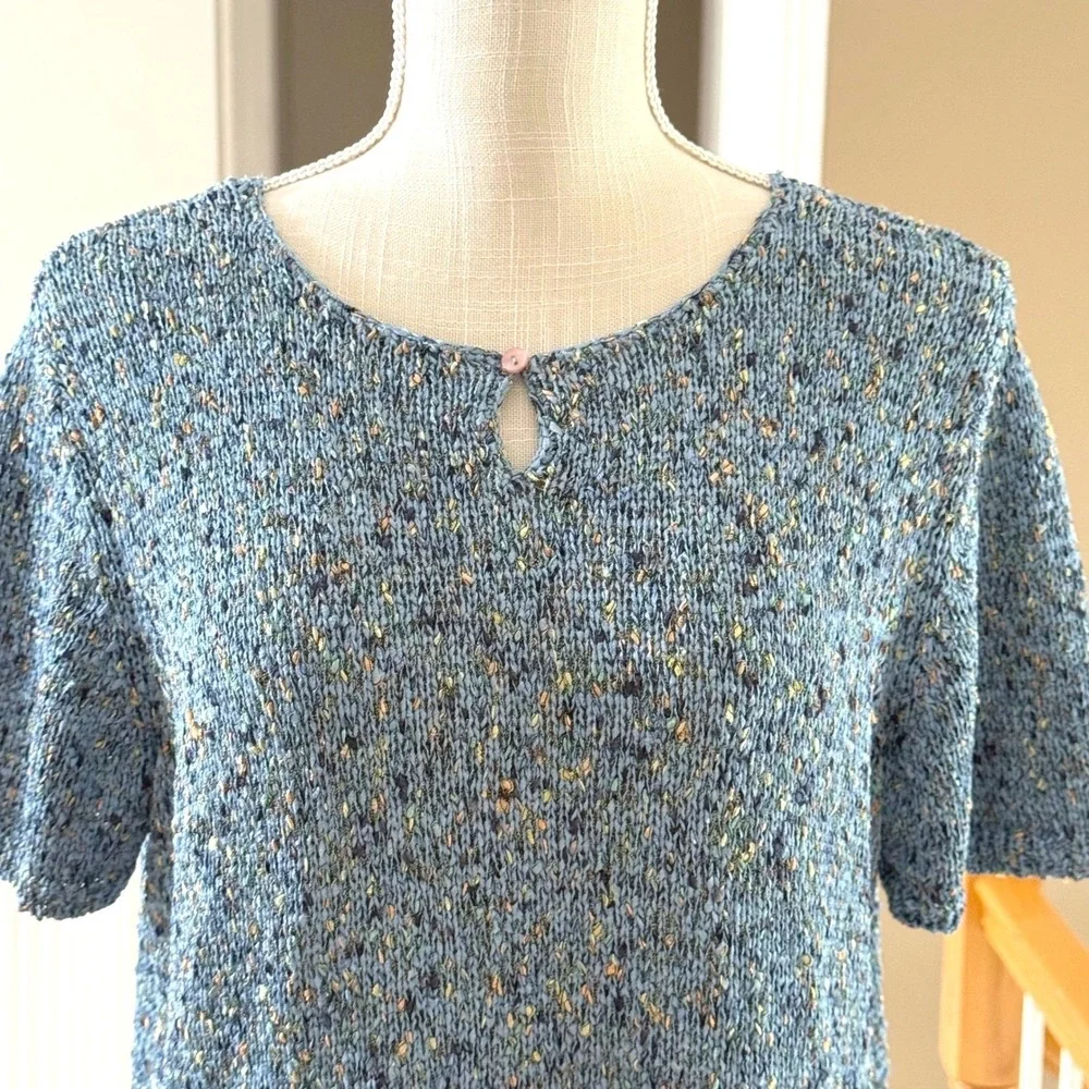 JH Collectibles Blue Marled Knit Short Sleeve Keyhole Sweater Top Womens‎ Large
